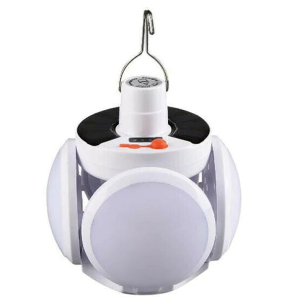 Set 2 x Bec cu Panou Solar si Incarcare USB, Lampa Camping si Urgenta cu Carlig, 3 Panouri Iluminare 360°, Acumulator Inclus