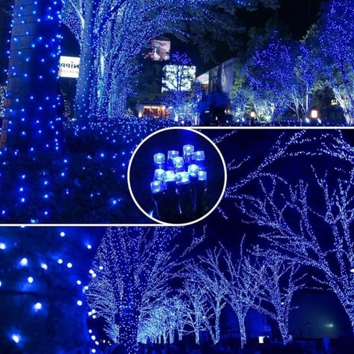 Set 2 x Decoratiune Solara Exterior 50m cu 500 LED Albastru – Ghirlanda Luminoasa pentru Gradina, Terasa, Curte, IP65