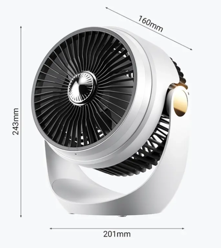 Ventilator Portabil cu Acumulator Reincarcabil, Lumina LED, Rotire 360 Grade si Incarcare USB, 22 x 25 cm, Alb