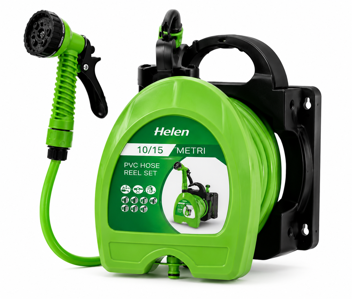 Tambur cu Furtun pentru Gradina, Montare pe Perete, Pistol de Stropire Multifunctional, Sistem de Rulare Integrat