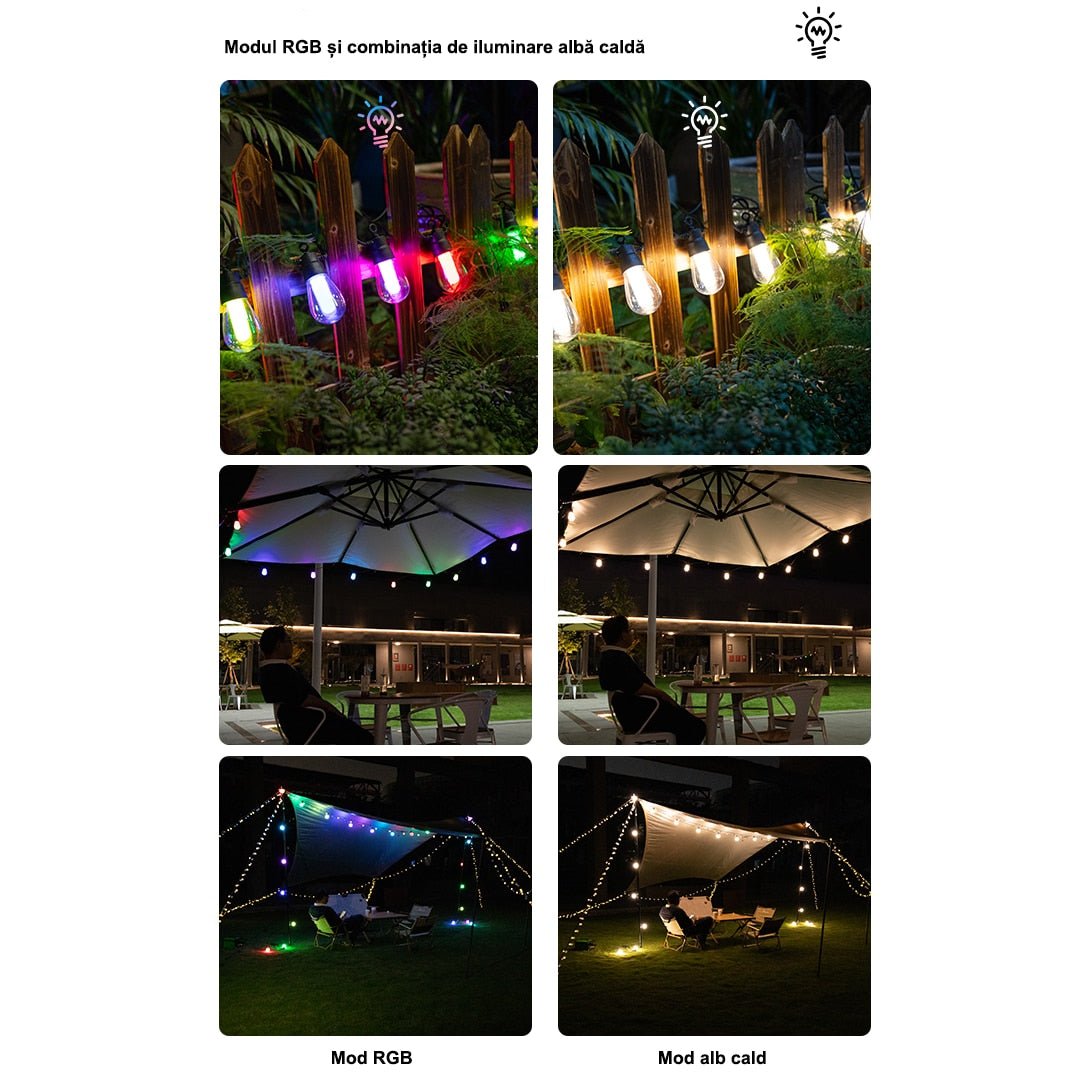 Ghirlanda Solara LED 10 Metri Premium – Iluminare RGB Color si Alb Cald cu Telecomanda pentru Gradina si Terasa