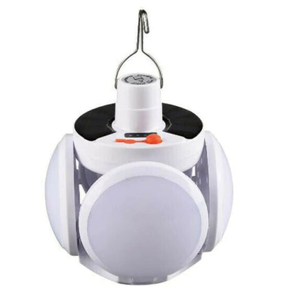 Set 2 x Bec cu Panou Solar si Incarcare USB, Lampa Camping si Urgenta cu Carlig, 3 Panouri Iluminare 360°, Acumulator Inclus