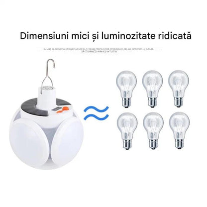 Set 2 x Bec cu Panou Solar si Incarcare USB, Lampa Camping si Urgenta cu Carlig, 3 Panouri Iluminare 360°, Acumulator Inclus