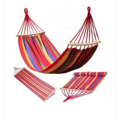Set 2 x Hamac Gradina – Hamac Tip Scaun cu Bara din Lemn + Hamac Colorat cu Bare din Lemn, Ideal pentru Terasa si Relaxare Exterior