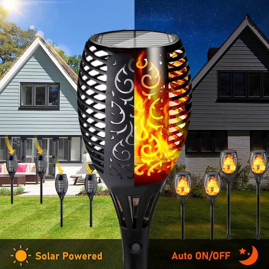 Set 12 x Lampa Solara Tip Torta cu Efect Flacara 51.5 cm – Iluminat Decorativ Exterior pentru Gradina, Alee si Curte