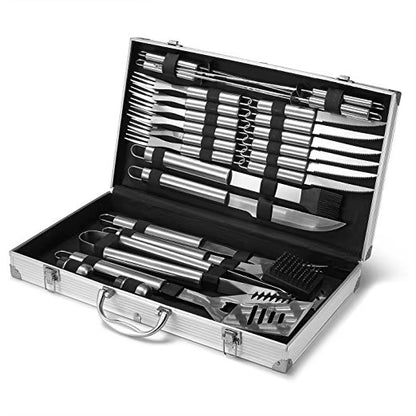 Set Profesional Ustensile Gratar 26 Piese din Inox – Cutie Aluminiu pentru BBQ, Camping si Gradina