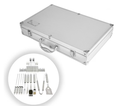 Set Profesional Ustensile Gratar 26 Piese din Inox – Cutie Aluminiu pentru BBQ, Camping si Gradina