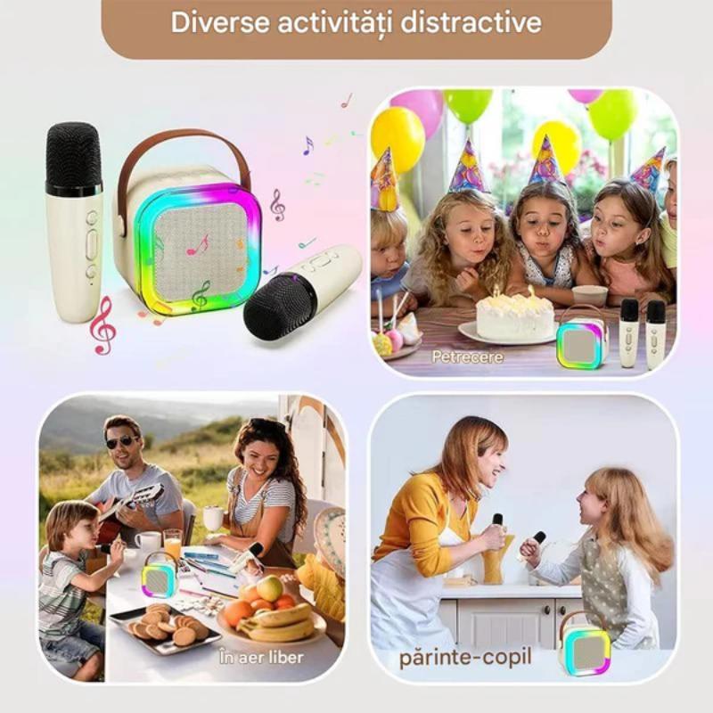 Set Karaoke cu 2 Microfoane, Boxa Portabila Bluetooth USB, Iluminare RGB cu 5 Moduri, Baterie Reincarcabila, 6W RAE
