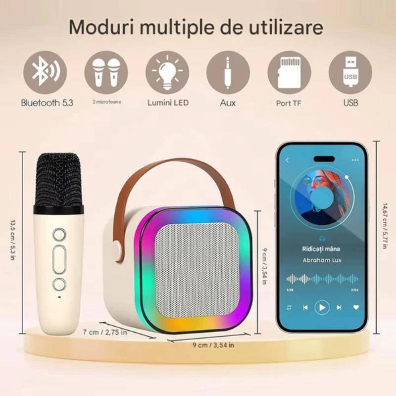 Set Karaoke cu 2 Microfoane, Boxa Portabila Bluetooth USB, Iluminare RGB cu 5 Moduri, Baterie Reincarcabila, 6W RAE