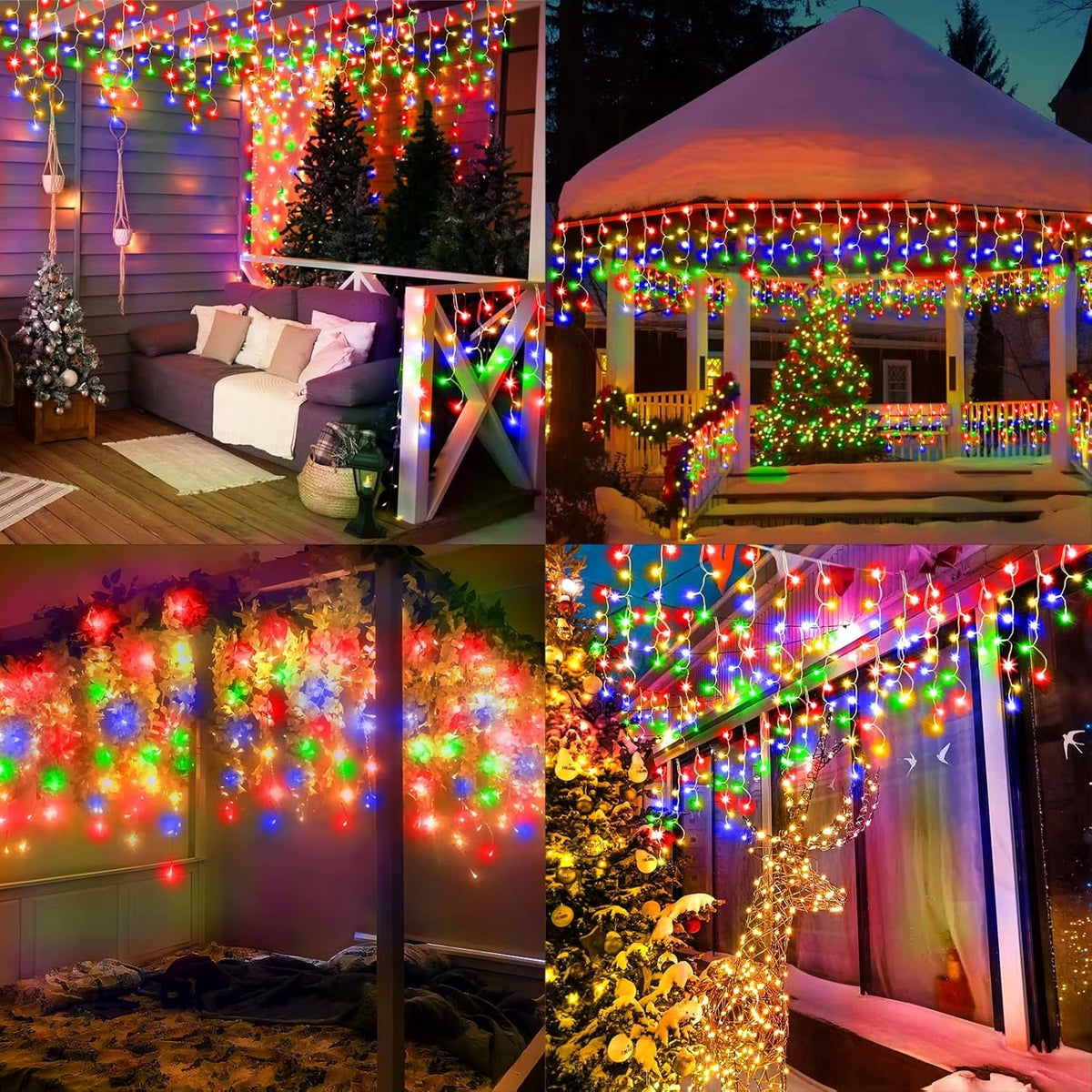 Instalatie Tip Turturi Multicolora 20 metri, Franjuri LED Interconectabile, 8 Jocuri de Lumini, Rezistenta la Exterior