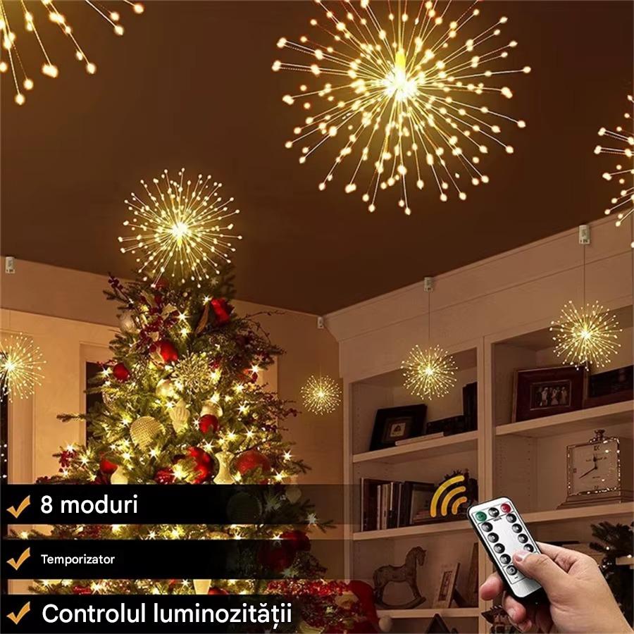 Decoratiune Tip Artificii 500 LED Alb Cald, 5 Sfere Luminoase, Interconectabila, 8 Jocuri de Lumini, Interior/Exterior