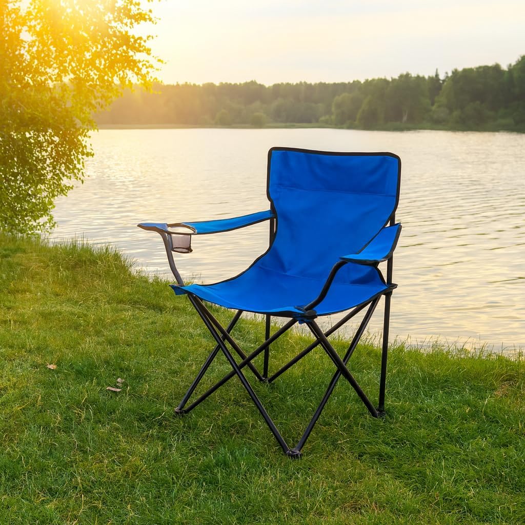Scaun Pliabil Pentru Camping Cu Cadru Otel Si Material Poliester, Suport Pahar, Usor De Transportat, Design Confortabil Albastru