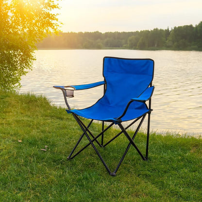 Scaun Pliabil Pentru Camping Cu Cadru Otel Si Material Poliester, Suport Pahar, Usor De Transportat, Design Confortabil Albastru