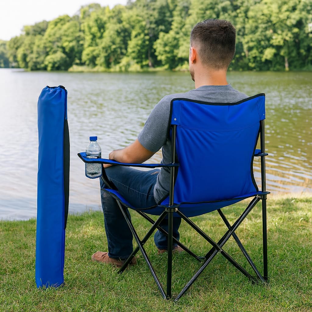 Scaun Pliabil Pentru Camping Cu Cadru Otel Si Material Poliester, Suport Pahar, Usor De Transportat, Design Confortabil Albastru