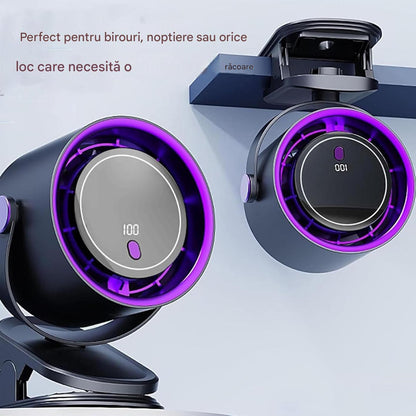 Ventilator Portabil Reincarcabil Cu Afisaj Digital, Clips Reglabil si Rotire 360 Grade, Silentios, Diverse Culori