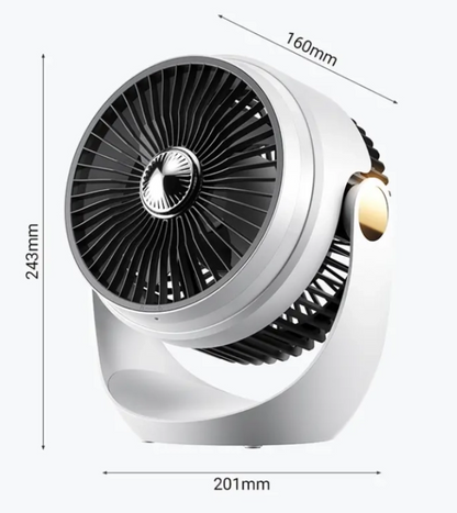 Ventilator Portabil cu Acumulator Reincarcabil, Lumina LED, Rotire 360 Grade si Incarcare USB, 22 x 25 cm, Alb