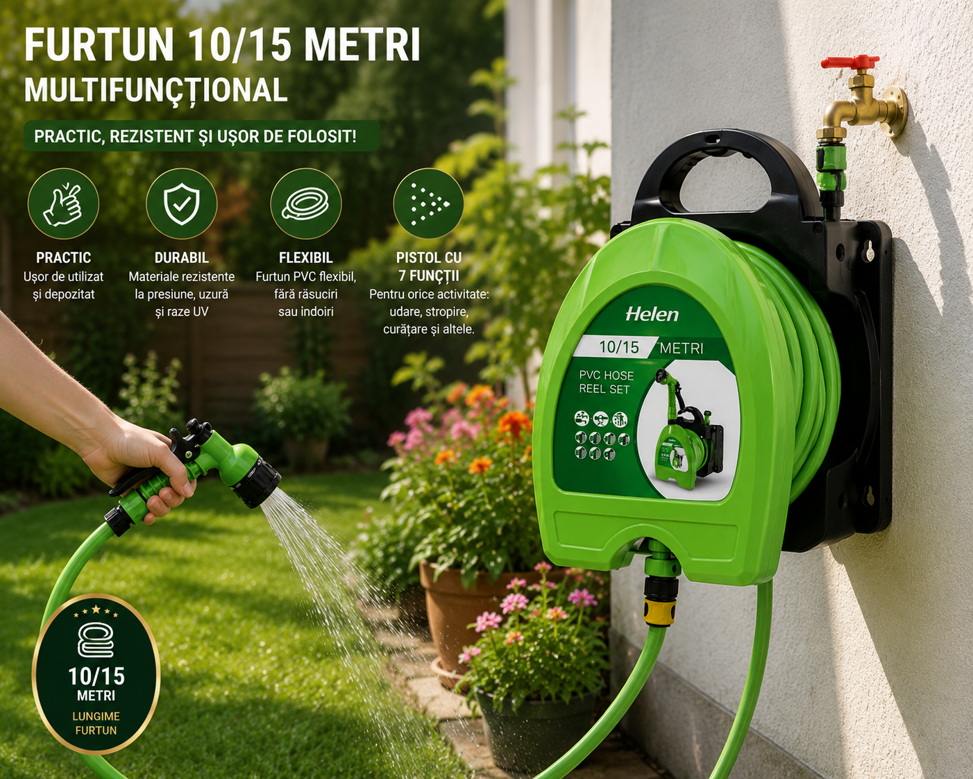 Tambur cu Furtun pentru Gradina, Montare pe Perete, Pistol de Stropire Multifunctional, Sistem de Rulare Integrat