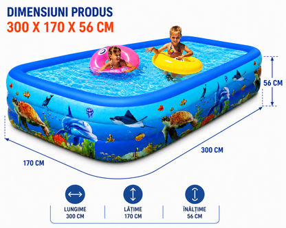 Piscina Gonflabila pentru Copii 300 x 170 x 56 cm, 3 Inele Rezistente, Model Oceanic, Forma Dreptunghiulara