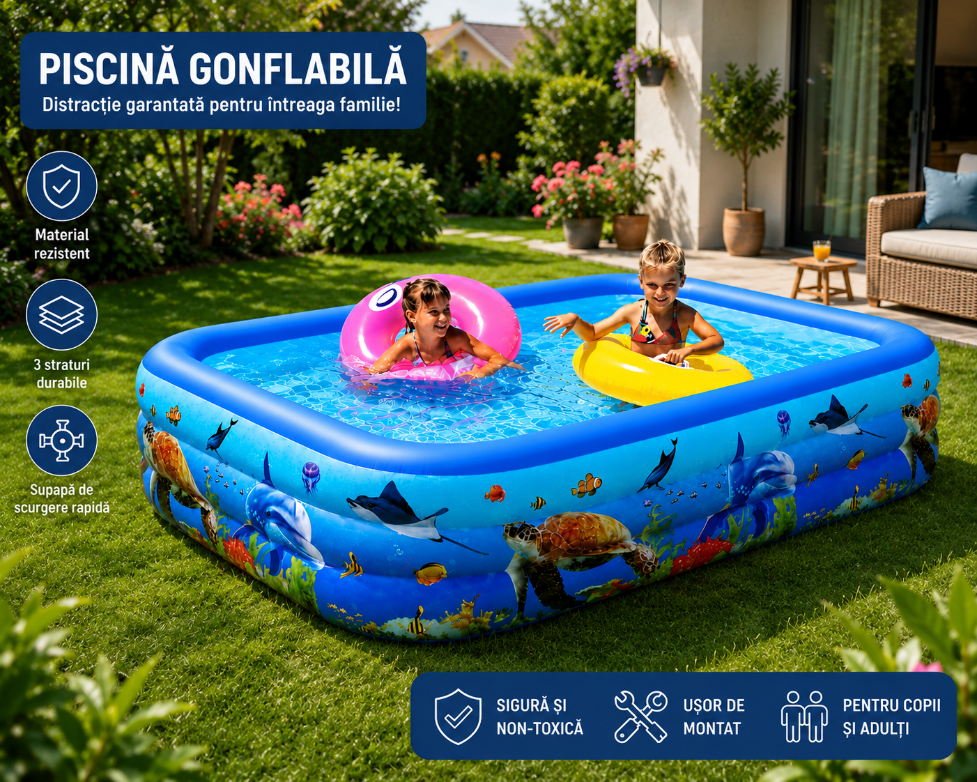 Piscina Gonflabila pentru Copii 300 x 170 x 56 cm, 3 Inele Rezistente, Model Oceanic, Forma Dreptunghiulara