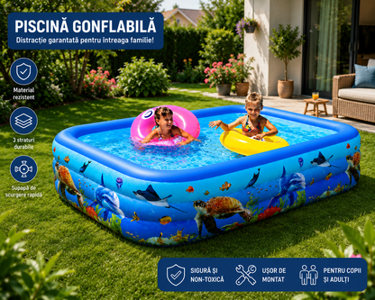 Piscina Gonflabila pentru Copii 210 x 130 x 56 cm, 3 Inele Rezistente, Model Oceanic, Forma Dreptunghiulara