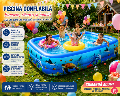 Piscina Gonflabila pentru Copii 300 x 170 x 56 cm, 3 Inele Rezistente, Model Oceanic, Forma Dreptunghiulara