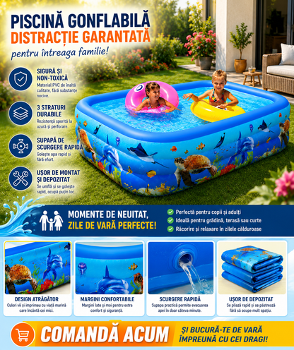 Piscina Gonflabila pentru Copii 260 x 170 x 56 cm, 3 Inele Rezistente, Model Oceanic, Forma Dreptunghiulara