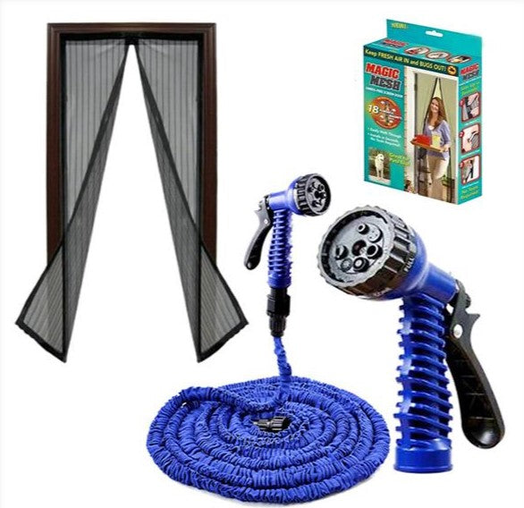 Set Plasa Anti Insecte Magnetica pentru Usa + Furtun Extensibil 22.5M cu Accesoriu de Stropit – Pachet Util pentru Casa si Gradina