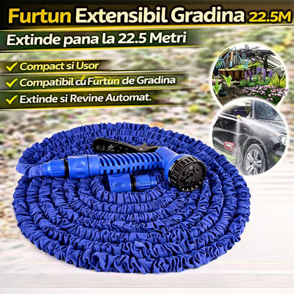 Furtun Extensibil Gradina 22.5 Metri cu Accesoriu Multifunctional de Stropit – Furtun Elastic pentru Udat, Spalat si Irigat