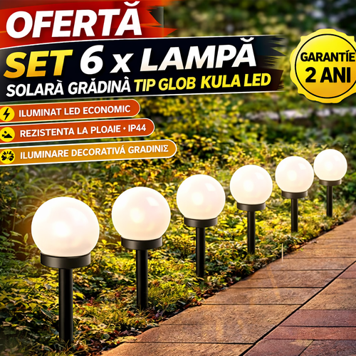 Set 6 x Lampa Solara Gradina Glob, Rezistenta IP44, Iluminare Ambientala Exterior, Ideala pentru Alei, Curte si Gradina