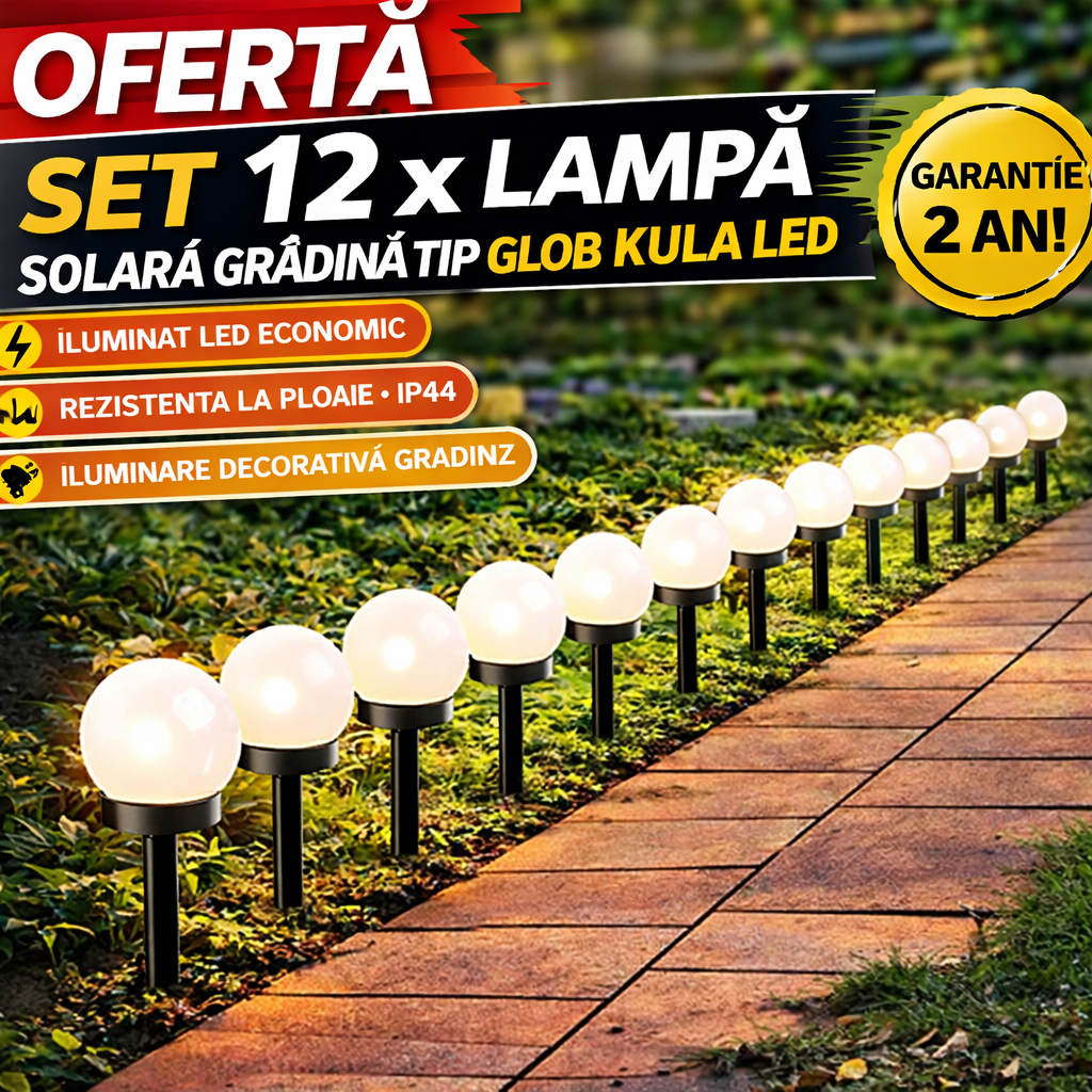 Set 12 x Lampa Solara Gradina Glob, Rezistenta IP44, Iluminare Ambientala Exterior, Ideala pentru Alei, Curte si Gradina