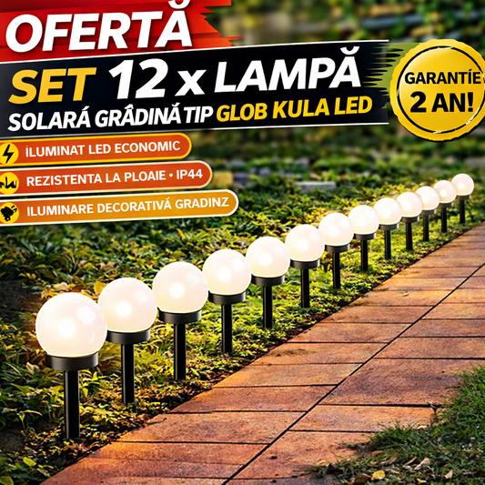 Set 12 x Lampa Solara Gradina Glob, Rezistenta IP44, Iluminare Ambientala Exterior, Ideala pentru Alei, Curte si Gradina