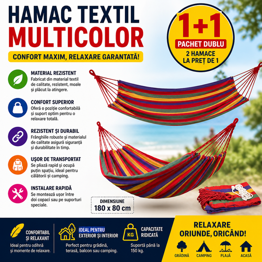 Set 2 x Hamac Multicolor 180x80 cm din Bumbac – Hamac Gradina si Camping cu Sistem de Prindere Inclus
