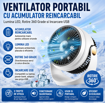 Ventilator Portabil cu Acumulator Reincarcabil, Lumina LED, Rotire 360 Grade si Incarcare USB, 22 x 25 cm, Alb