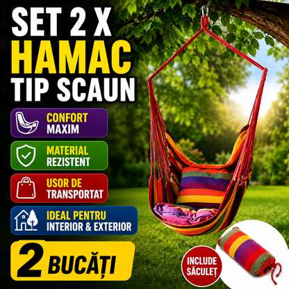 Set 2 x Hamac Tip Scaun, cu Bara de Lemn 130 x 98,5 cm