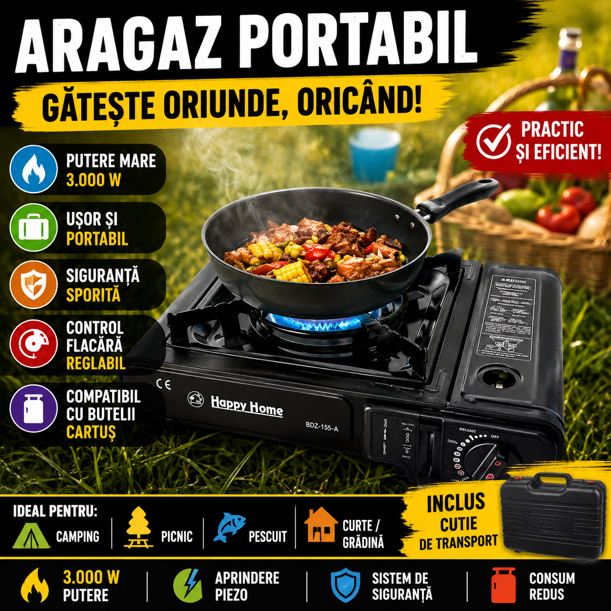 Aragaz Portabil Camping, Aprindere Automata, Alimentare prin Cartus Gaz