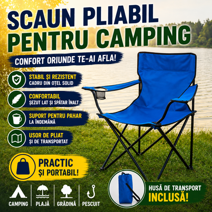 Scaun Pliabil Pentru Camping Cu Cadru Otel Si Material Poliester, Suport Pahar, Usor De Transportat, Design Confortabil Albastru