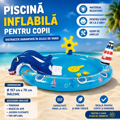 Piscina Gonflabila pentru Copii, Model cu Tobogan si Fantana Arteziana, 203 x 152 x 64 cm