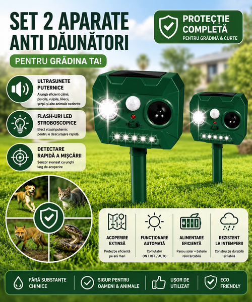 Set 2 x Aparat Solar cu Ultrasunete Anti Animale si Pasari, Senzor PIR, LED Stroboscopic, IP44, 2 Moduri, Montaj Exterior, Verde