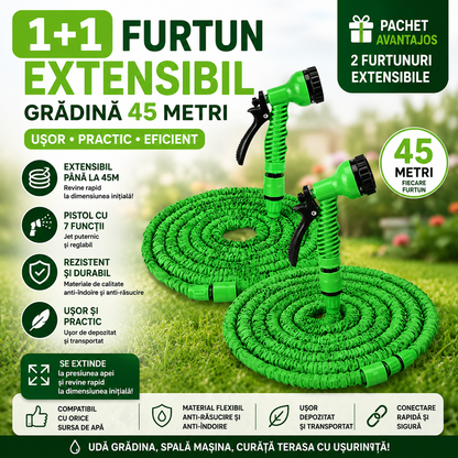 Set 1+1 Furtun Extensibil Gradina 45 Metri cu Accesoriu Multifunctional de Stropit – Furtun Elastic pentru Udat, Spalat si Irigat