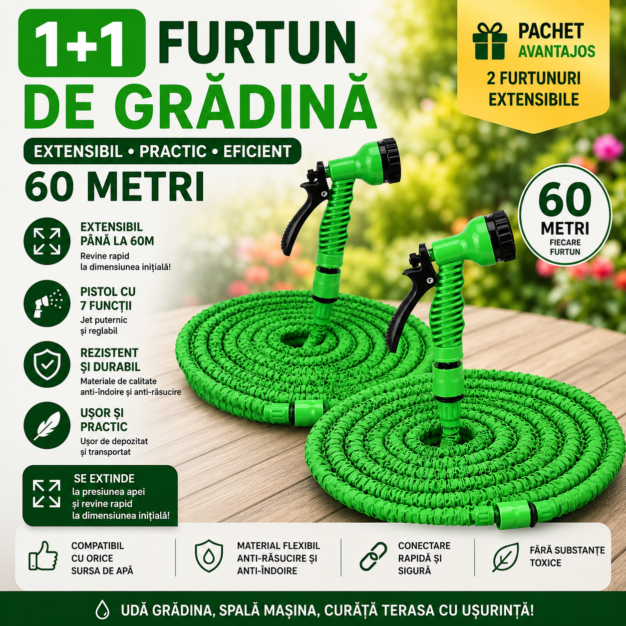 Set 1+1 Furtun Extensibil Gradina 60 Metri cu Accesoriu Multifunctional de Stropit – Furtun Elastic pentru Udat, Spalat si Irigat