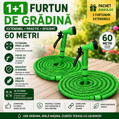 Set 1+1 Furtun Extensibil Gradina 60 Metri cu Accesoriu Multifunctional de Stropit – Furtun Elastic pentru Udat, Spalat si Irigat