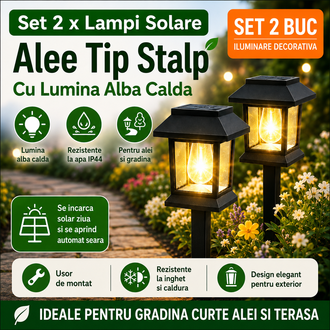 Set 2 x Lampi Solare Alee Tip Stalp Cu Lumina Alba Calda, Rezistente La Apa IP44, Iluminare Automata Pentru Gradina