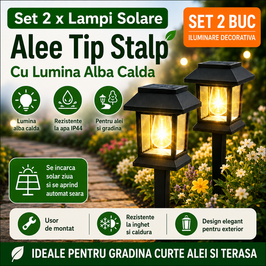 Set 2 x Lampi Solare Alee Tip Stalp Cu Lumina Alba Calda, Rezistente La Apa IP44, Iluminare Automata Pentru Gradina