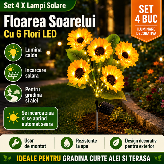Set 4 X Lampi Solare Floarea Soarelui Cu 6 Flori LED Fiecare, Iluminare Automata, Alimentare Solara, Rezistente La Apa, Decor Gradina Exterior