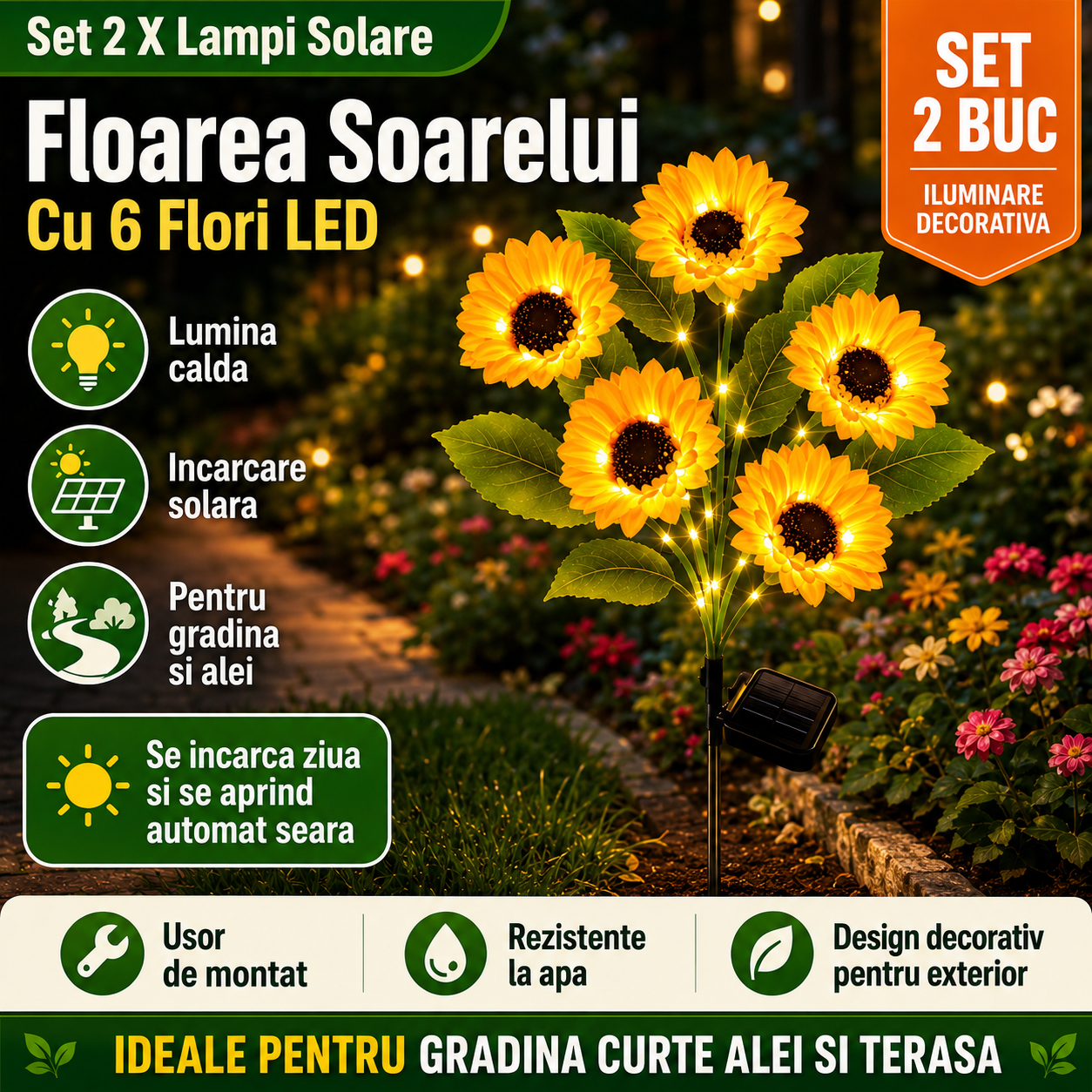 Set 2 X Lampi Solare Floarea Soarelui Cu 6 Flori LED Fiecare, Alimentare Solara, Iluminare Automata, Design Decorativ Pentru Gradina