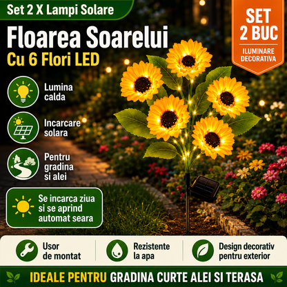 Set 2 X Lampi Solare Floarea Soarelui Cu 6 Flori LED Fiecare, Alimentare Solara, Iluminare Automata, Design Decorativ Pentru Gradina