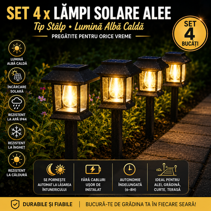 Set 4 x Lampi Solare Alee Tip Stalp Cu Lumina Alba Calda, Rezistente La Apa IP44, Iluminare Automata Pentru Gradina
