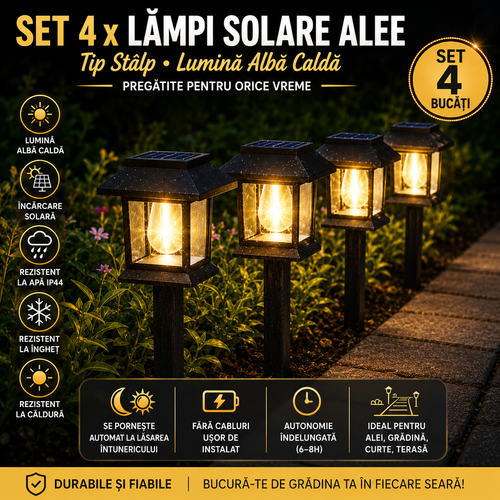 Set 4 x Lampi Solare Alee Tip Stalp Cu Lumina Alba Calda, Rezistente La Apa IP44, Iluminare Automata Pentru Gradina