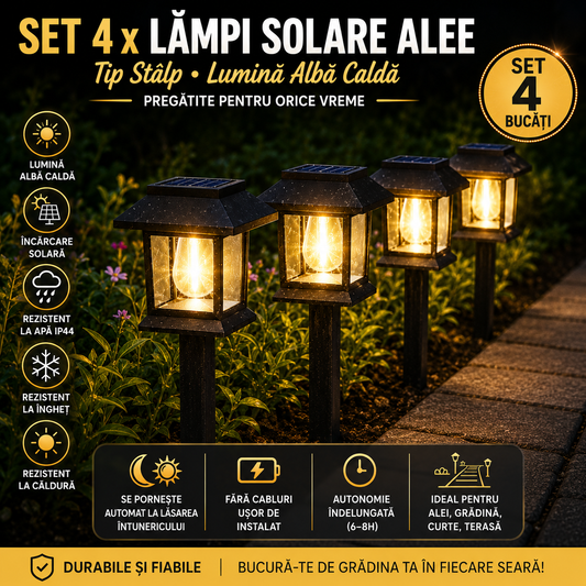 Set 4 x Lampi Solare Alee Tip Stalp Cu Lumina Alba Calda, Rezistente La Apa IP44, Iluminare Automata Pentru Gradina