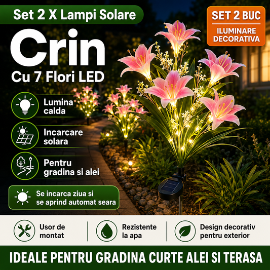 Set 2 X Lampi Solare Crin Cu 7 Flori LED Fiecare, Senzor Lumina, Rezistente La Apa, Decor Exterior Multicolor Pentru Gradina